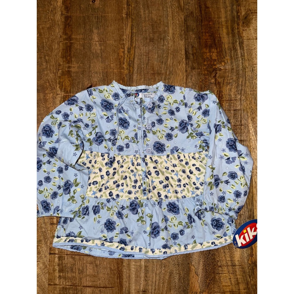 Kiks Baby Girls Blue Floral Tiered Cotton Blouse Top Lace Trim 18M NWT